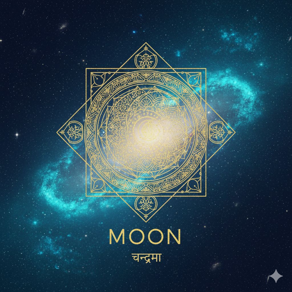 Moon mandala in gold and teal - Vedic lunar symbolism