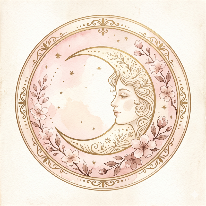 Crescent moon with cherry blossoms in gold and rose, JyotiSoulCode lunar emblem